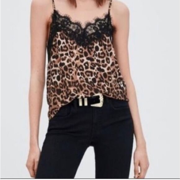 Zara Trafaluc leopard print front neckline eyelash lace super stretch cami/tank. - Picture 3 of 7